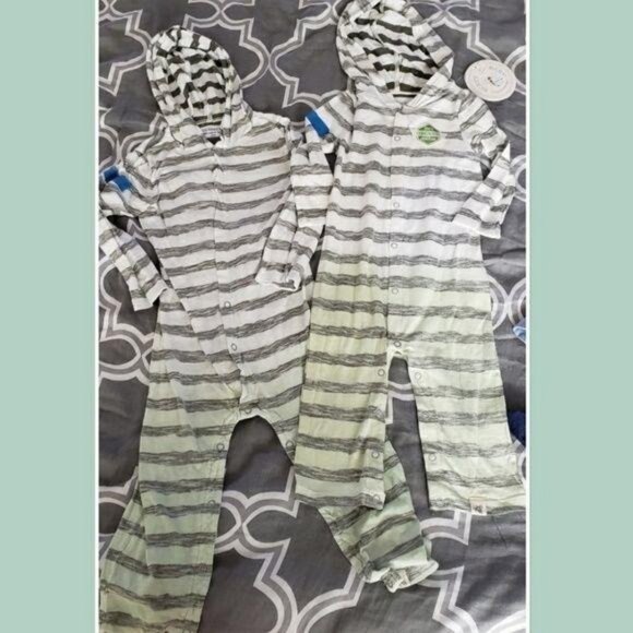 Burts Bees NWT organic cotton ombre hooded one-piece pajamas green white 24m - Picture 2 of 4